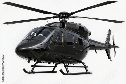 Sleek Black Helicopter, Modern Aircraft, Luxury Transport, Aviation Technology, Executive Travel, Aerial Vehicle, Rotorcraft, White Background