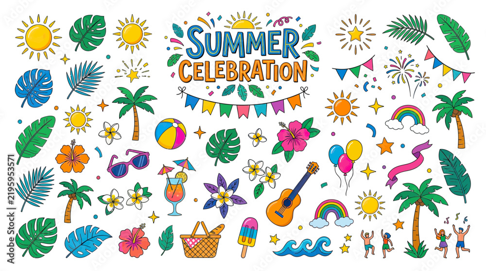 Fototapeta premium Summer Celebration Doodle Elements Isolated Transparent Background