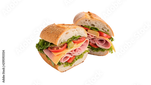 Two halves cut of fresh gourmet submarine sandwich panini isolated on transparent background.