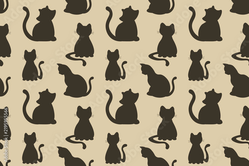 Seamless pattern of black cat silhouettes in sitting poses on a warm beige background. Ideal for minimalist Halloween decor, cozy cat lover textiles, and vintage digital paper.