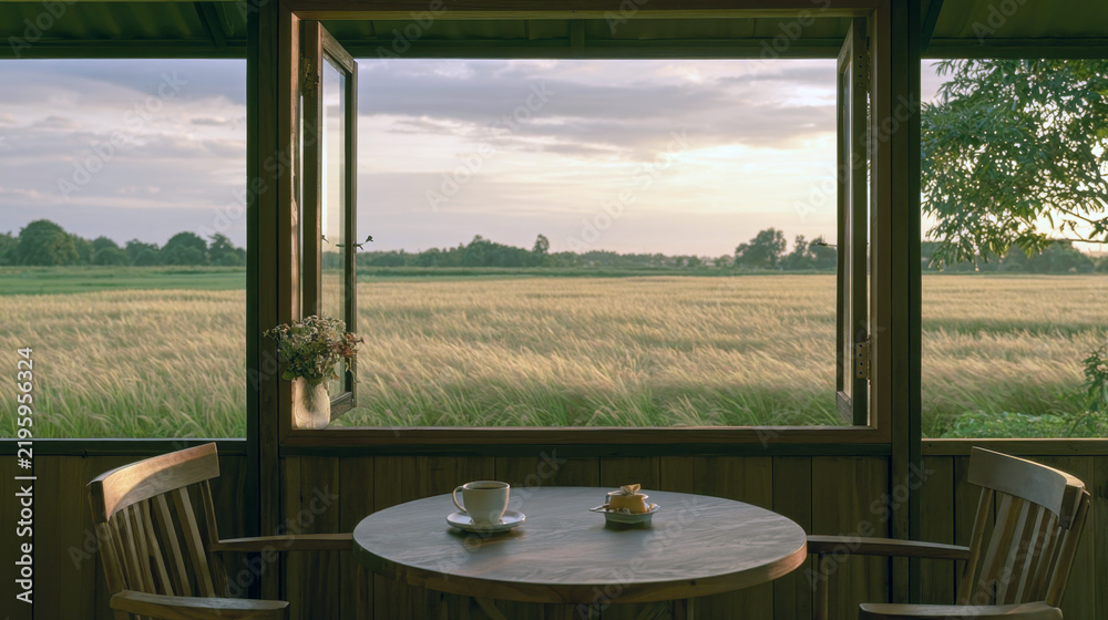 Obraz premium cozy rustic room interior with large open window overlooking vast green meadow field at sunset light with wooden round table chair and hot coffee cup sitting peacefully in calm quiet scene