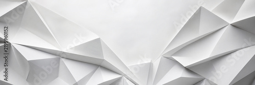 Minimalist white geometric background with 3D low poly texture. Abstract architectural paper relief with sharp triangular shapes. Clean modern backdrop for corporate website or banner.