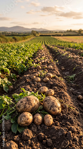 Rows of freshly harvested potatoes in an agricultural field