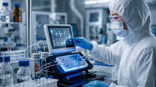 Asian female scientist operating microfluidic device in modern biotechnology lab.
