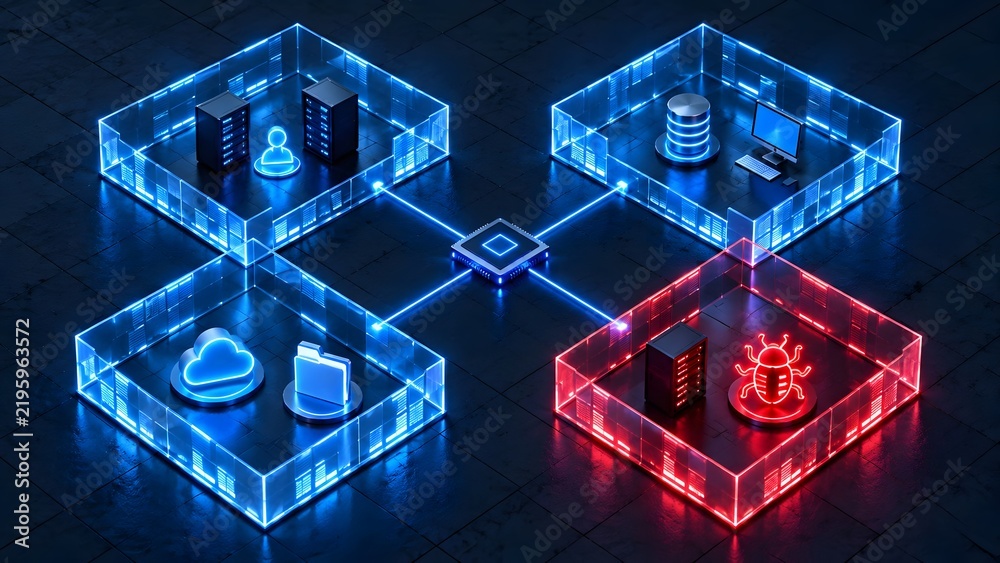 Fototapeta premium Network infrastructure security monitoring detecting malware vulnerability in server architecture