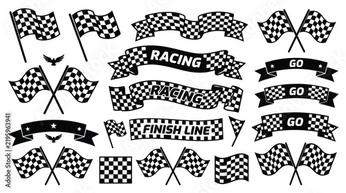 Racing flags vector set featuring checkered flags, banners, ribbons with text, and finish line elements in black and white