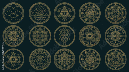 Sacred geometry vector set featuring golden esoteric symbols, mystical mandalas, and spiritual geometric circles on dark background