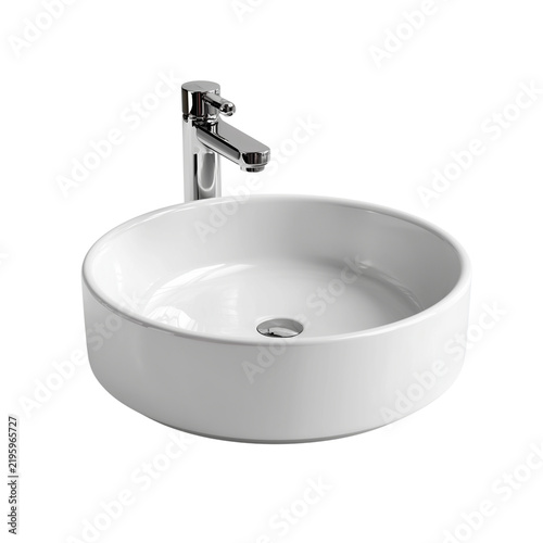 Modern minimalist white vessel sink with chrome faucet isolated on transparent background