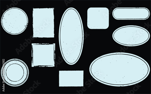 Light blue distressed geometric frames and stamp templates with grunge texture.