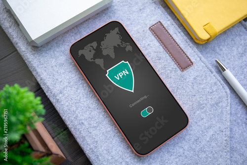 VPN on mobile phone screen on the desk the office