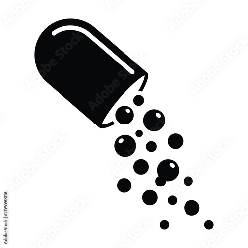Pill bottle with pills spilling out, black and white icon