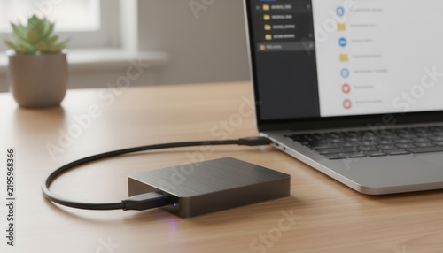 External portable hard drive connected with cable to laptop resting on wooden desk illustrating offline secure storage