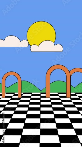 Cartoon abstract background of shapes with checkered field, clouds and arches. Vertical format.