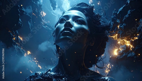 Cinematic low angle shot of a woman looking upward at a magical dark abyss filled with floating embers and golden light to show wonder and discovery