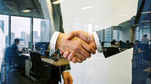 Double Exposure Business Handshake Deal with Corporate Office Workspace and City Skyline Background