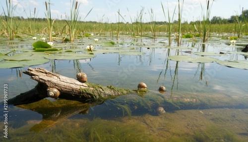 Shallow freshwater wetland ecosystem showing emergent reeds lily pads and a submerged log hosting snails and green algae