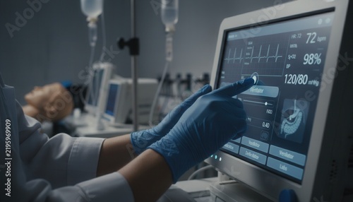 Healthcare trainee wearing blue medical gloves operating the digital touchscreen interface of a clinical monitor