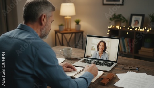 Middle aged man participating in a video call therapy session on a laptop at a wooden desk jotting notes in a notebook at home