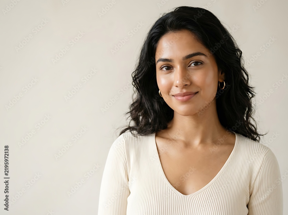 Fototapeta premium Young Woman with Soft Smile in Neutral Studio