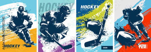 Grunge-style poster dedicated to hockey and winter sports. A hockey player in an abstract style. Vector templates for postcards, posters, flyers, banners and other materials.