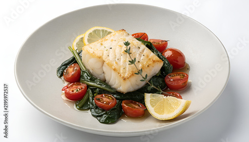 Gourmet baked fish with tomatoes on a white plate