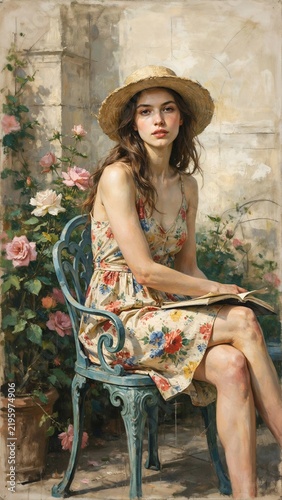 Vintage painting of a woman in a straw hat sitting in a garden