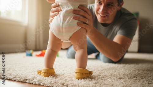 Father gently supports his infant daughter taking her first unsteady steps across a soft living room rug at home