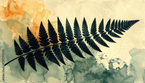 Detailed dark fern frond silhouette artistically arranged over a textured vintage watercolor abstract background