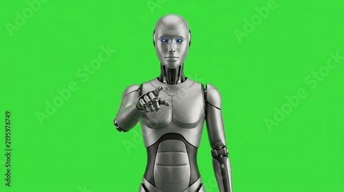 Futuristic Humanoid Robot Pointing Forward with Metallic Body Design on Isolated Green Screen Background for Artificial Intelligence Concept