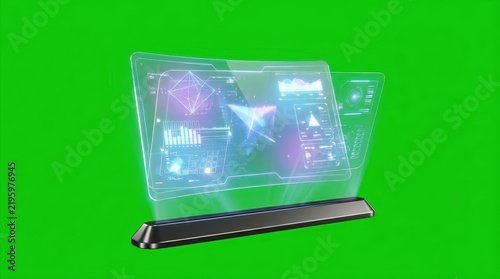 Dynamic holographic display projecting futuristic digital data and abstract UI elements, symbolizing advanced technology, augmented reality, and virtual interface concepts