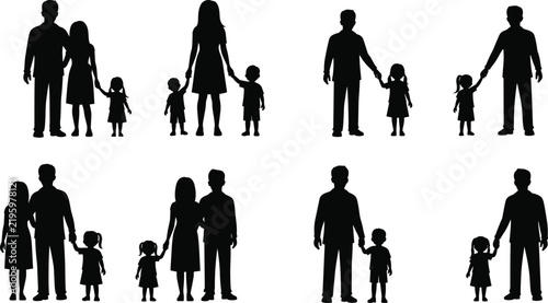 Family silhouette illustration set, parents and children, togetherness concept, parenting design, unity symbol, happy family art, vector collection