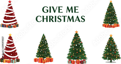 Christmas tree illustration set, holiday decoration, gift boxes, festive ornaments, winter celebration, seasonal design, merry Christmas art, vector collection