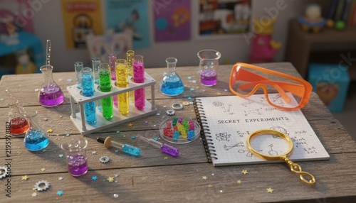 Childs desk covered with colorful science experiment setup including test tubes beakers safety goggles notebook with secret formulas and playful gears education concept