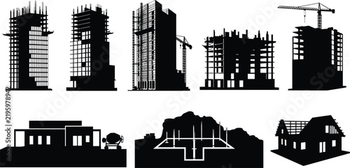 Building construction silhouette vector set, architecture design, high‑rise structure, crane, house, foundation, urban development, industrial, engineering art