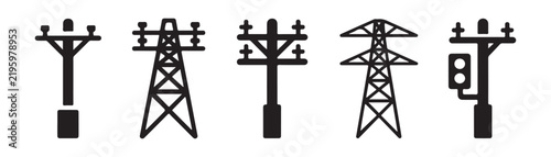 Variety of black electricity pylons and utility poles for power transmission, svg.