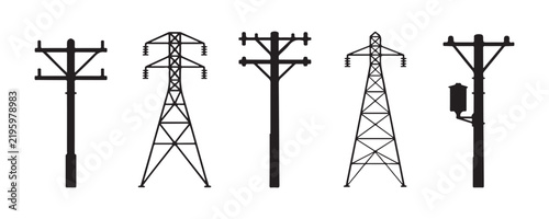 Black silhouette power lines and utility poles set isolated on transparent background vectors.