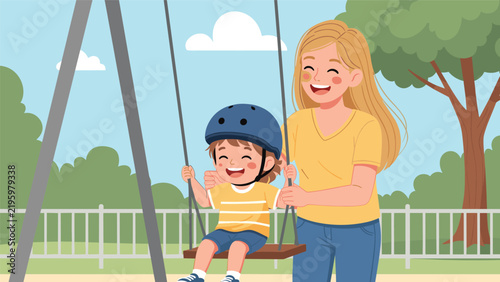 Mother and child playground illustration, family bonding, outdoor activity, swing, parenting, happiness, safety, park, summer, lifestyle, vector art