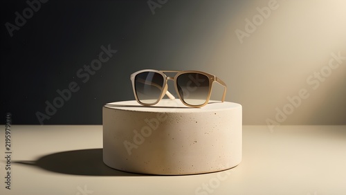 Stylish sunglasses on a minimalist podium in studio lighting