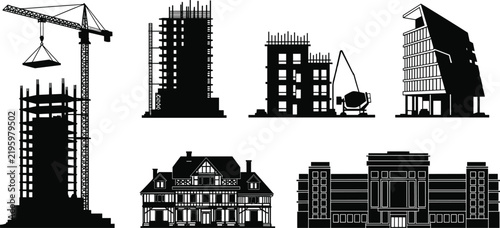 Building construction silhouette vector set, architecture design, crane, high‑rise structure, house, modern building, urban development, engineering art, cityscape