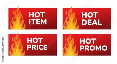 Set of four red hot deal and promo sale labels with fire isolated on transparent background
