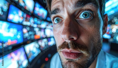 Close up portrait of a man with wide eyes looking surprised or overwhelmed in front of many digital screens