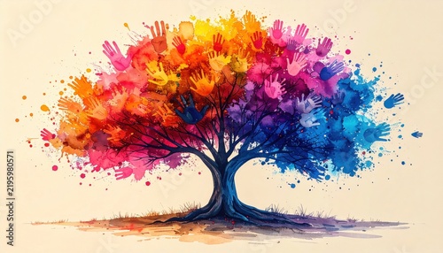 Colorful watercolor tree with vibrant handprints forming the leaves symbolizing human unity and environmental connection