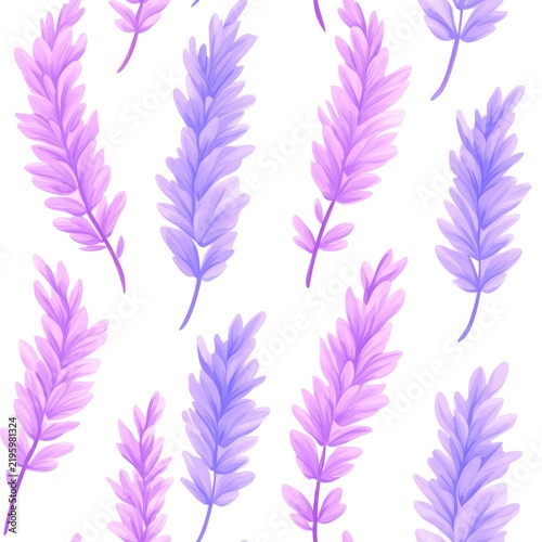 Lavender flower spikes in seamless pattern, slender purple blooms on white background, elegant repeating design with soft watercolor texture