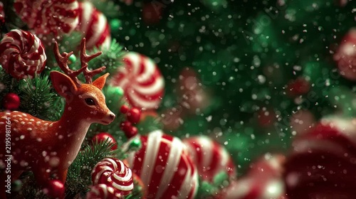 Festive holiday scene with deer figurine among red and white candy canes, pine branches, and falling snow against blurred green background