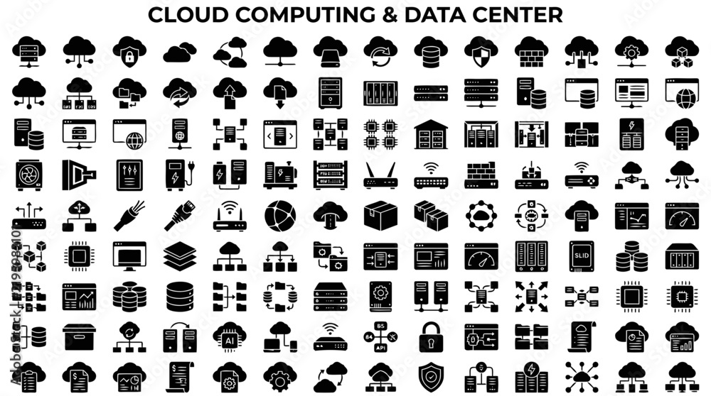 Obraz premium Vector illustration of extensive cloud computing and data center icon set