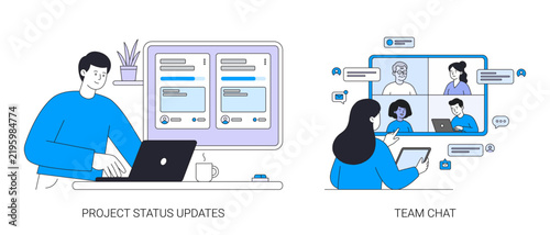 Project Status Updates and Online Team Chat Vector Illustration Concept