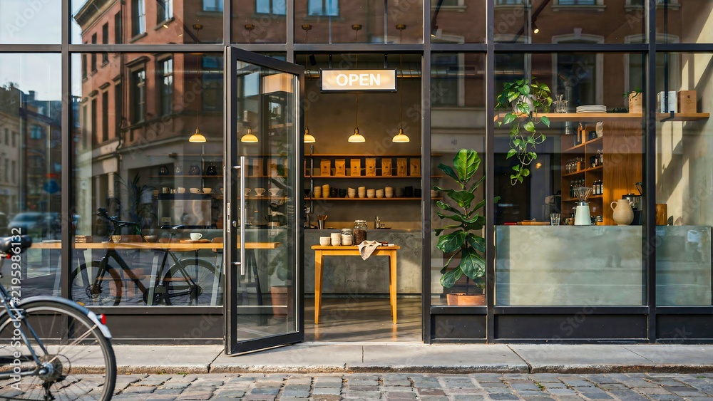 Fototapeta premium Modern urban storefront with glass entrance, warm lighting, outdoor seating, bicycles, and potted plants