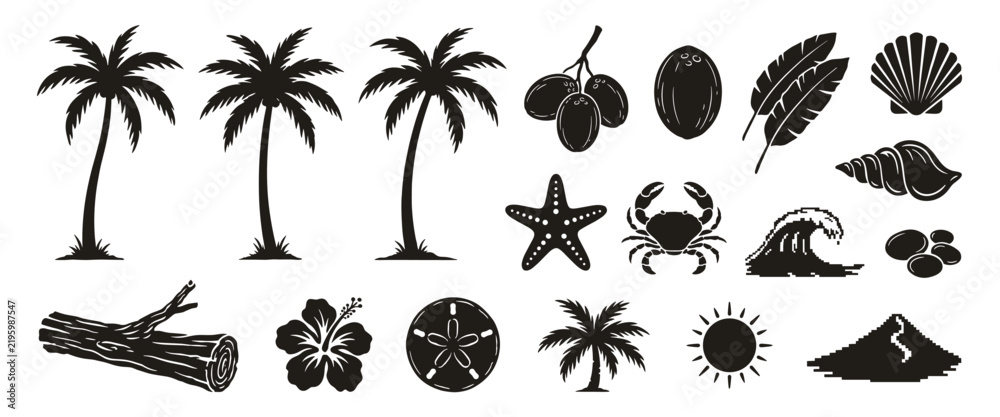 Fototapeta premium Tropical beach and island set including palm trees, coconuts, seashells, crab, and wave collection