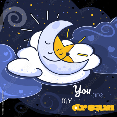 moon and star hugs, night sky, kid illustration, happy, love, character