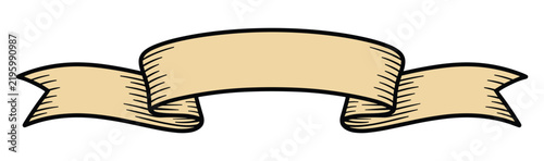 Beige vintage ribbon banner with black ink outlines and cross-hatch shading, isolated on a white background